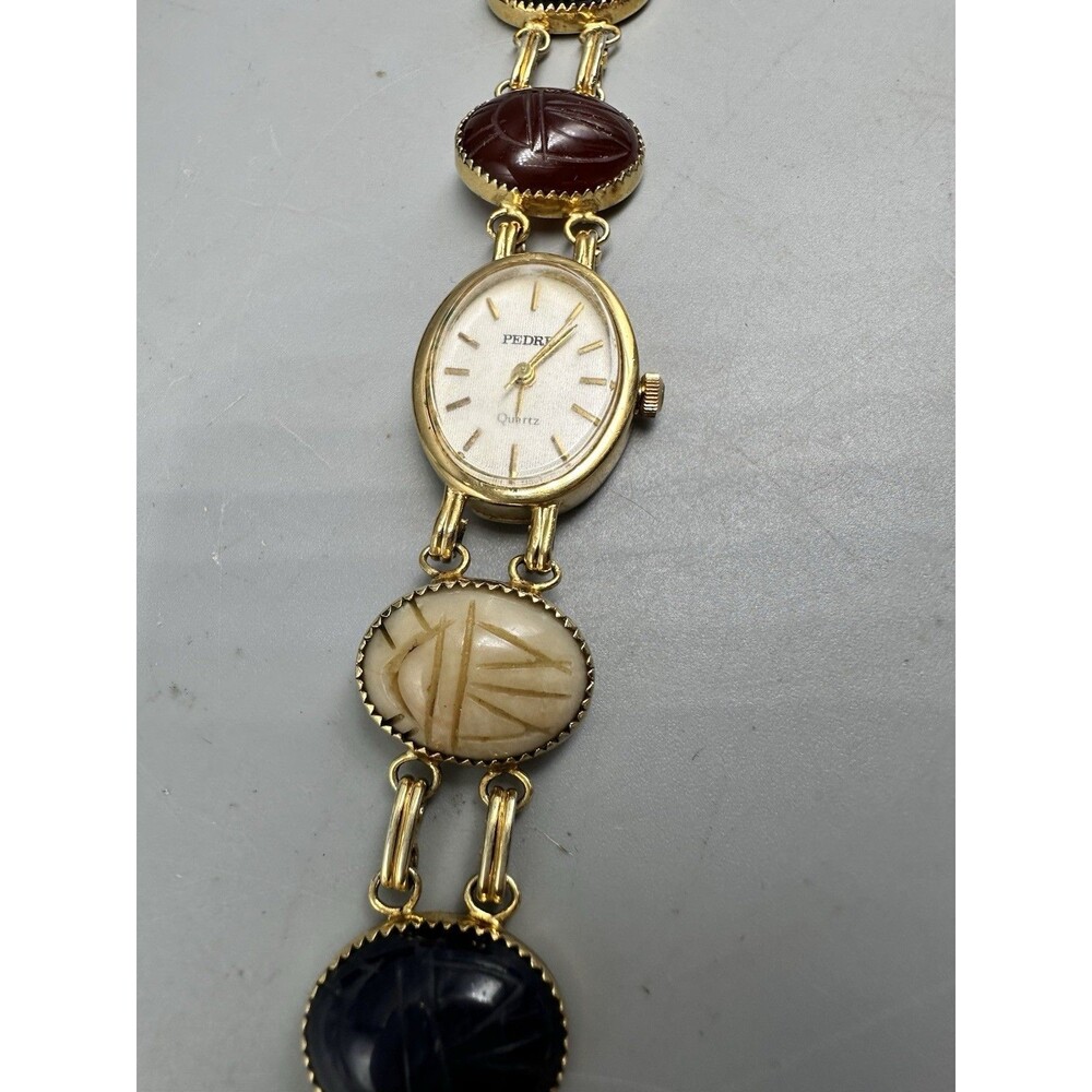 Vintage Gold Tone Scarab Watch Carved Multi-Tone Stone Band NEW BATTERY